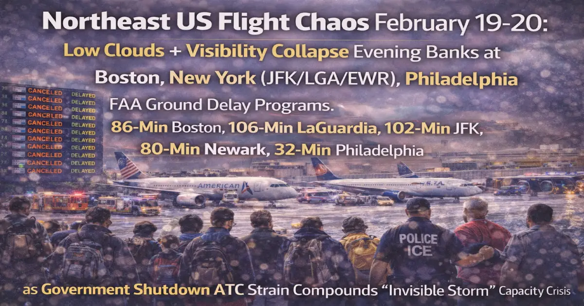 Northeast US flight chaos February 19-20 2026 low clouds visibility FAA Ground Delay Programs LaGuardia 106 minute delays JFK 102 Boston 86 Newark 80 Philadelphia government shutdown air traffic controllers invisible storm evening bank collapse