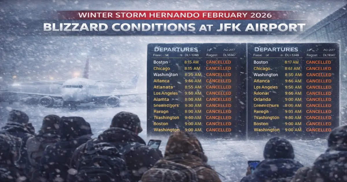 Blizzard conditions at JFK airport during Winter Storm Hernando February 2026 with flight cancellation boards showing mass disruptions