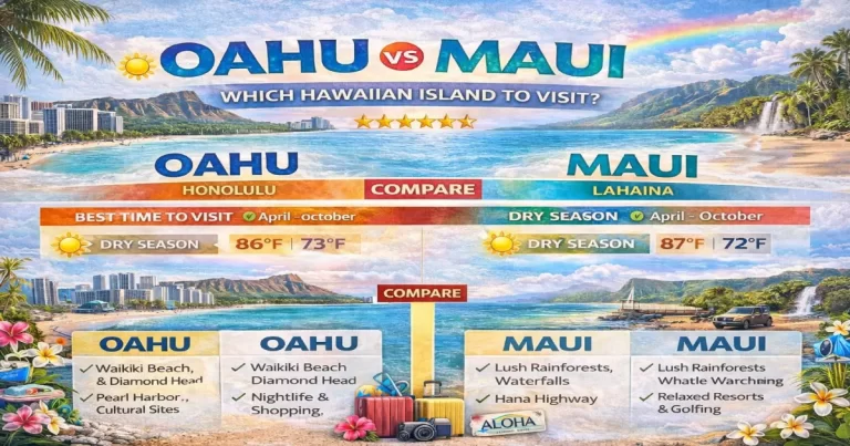 Oahu vs Maui comparison showing Waikiki Beach with Diamond Head against Maui's Wailea beaches and Road to Hana scenic coastline