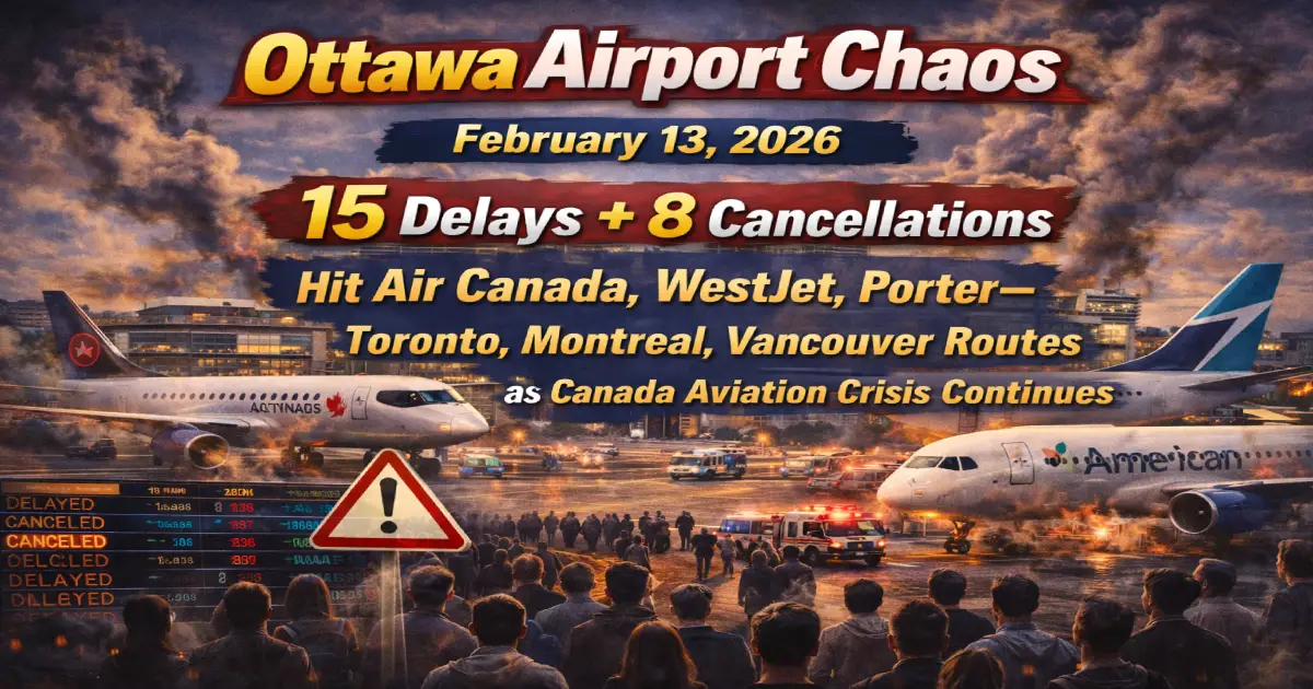 Ottawa Macdonald-Cartier International Airport experiencing chaos February 13 2026 with 23 disruptions 15 delays 8 cancellations Air Canada WestJet Porter Airlines Toronto Montreal Vancouver routes disrupted Canada aviation crisis