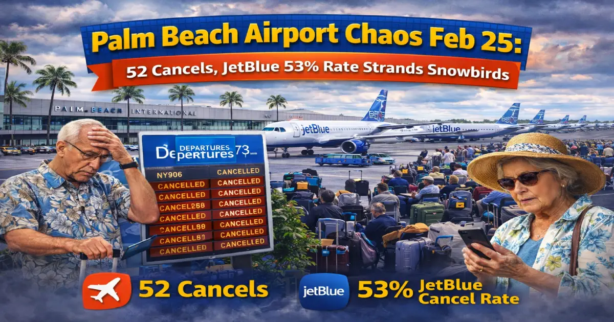 Palm Beach International Airport February 25 2026 52 flight cancellations 56 delays JetBlue 53 percent cancel rate Winter Storm Hernando Northeast blizzard snowbirds Canadian travelers Toronto Pearson