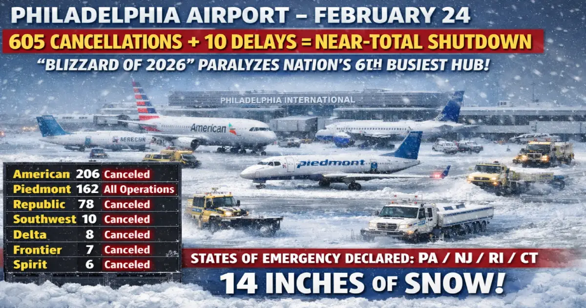 Philadelphia airport February 24 2026 605 cancellations 10 delays 98 percent cancellation rate near-total shutdown American Airlines 206 cancels Piedmont 162 complete collapse Republic 78 blizzard of 2026 14 inches snow states of emergency Pennsylvania New Jersey