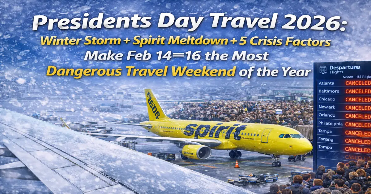 Crowded US airport departure board showing flight delays and cancellations Presidents Day weekend February 14-16 2026 with winter storm warning and Spirit Airlines disruption