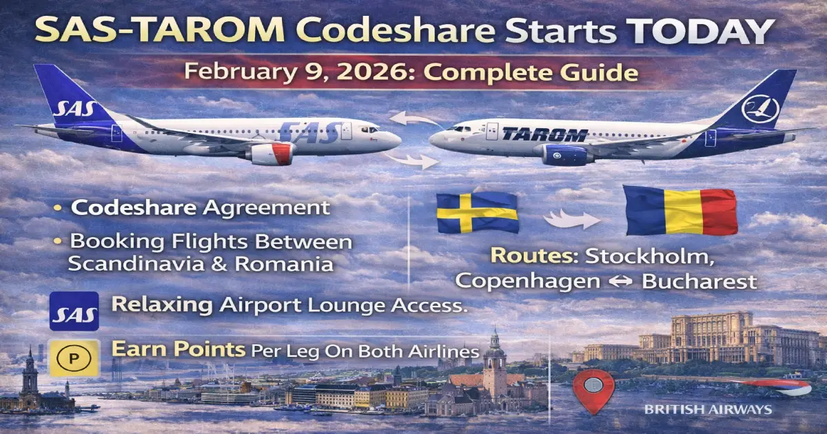 SAS Scandinavian Airlines and TAROM aircraft at Copenhagen Airport showing new codeshare partnership connecting Bucharest with Scandinavian destinations starting February 9 2026