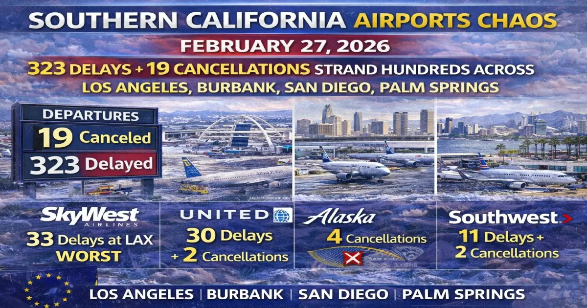 Los Angeles International Airport LAX departure board showing 323 delayed flights February 27 2026 SkyWest United Alaska Southwest passengers stranded Southern California travel chaos