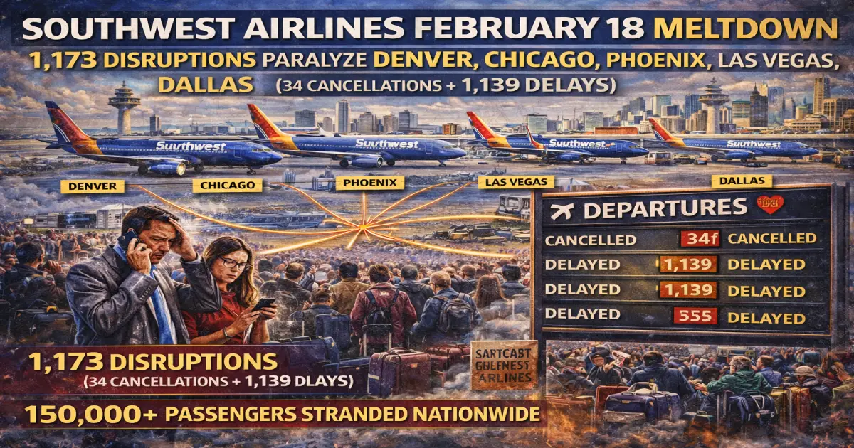 Southwest Airlines February 18 2026 1173 disruptions 34 cancellations 1139 delays nationwide meltdown Denver Chicago Phoenix Las Vegas Dallas point-to-point network collapse 150000 passengers stranded December 2022 Christmas repeat
