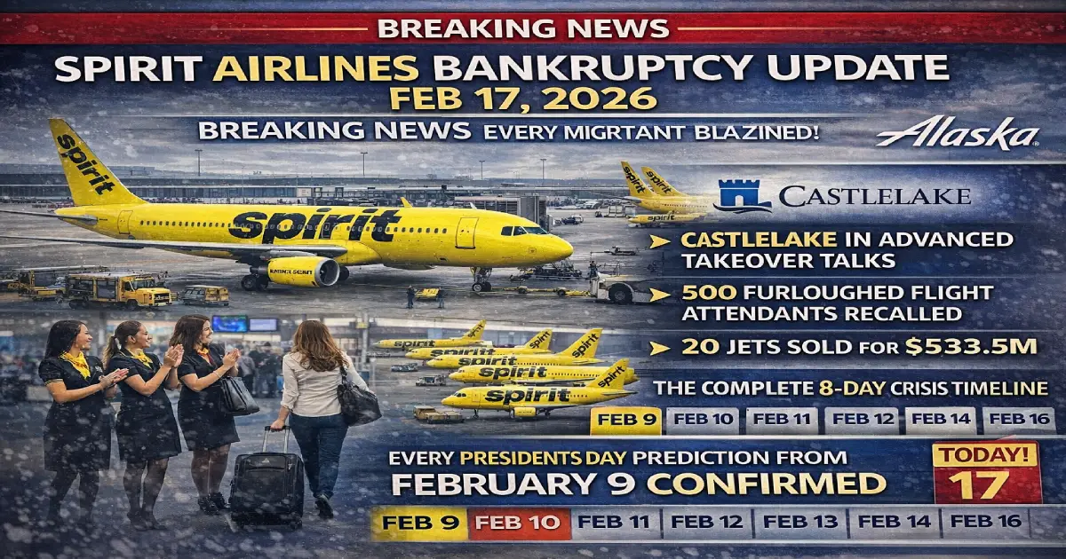 Spirit Airlines Airbus A320 yellow livery February 17 2026 bankruptcy update showing Castlelake advanced takeover talks 500 flight attendants recalled 20 aircraft sold 533 million Presidents Day chaos confirmed Fort Lauderdale Orlando survival guide