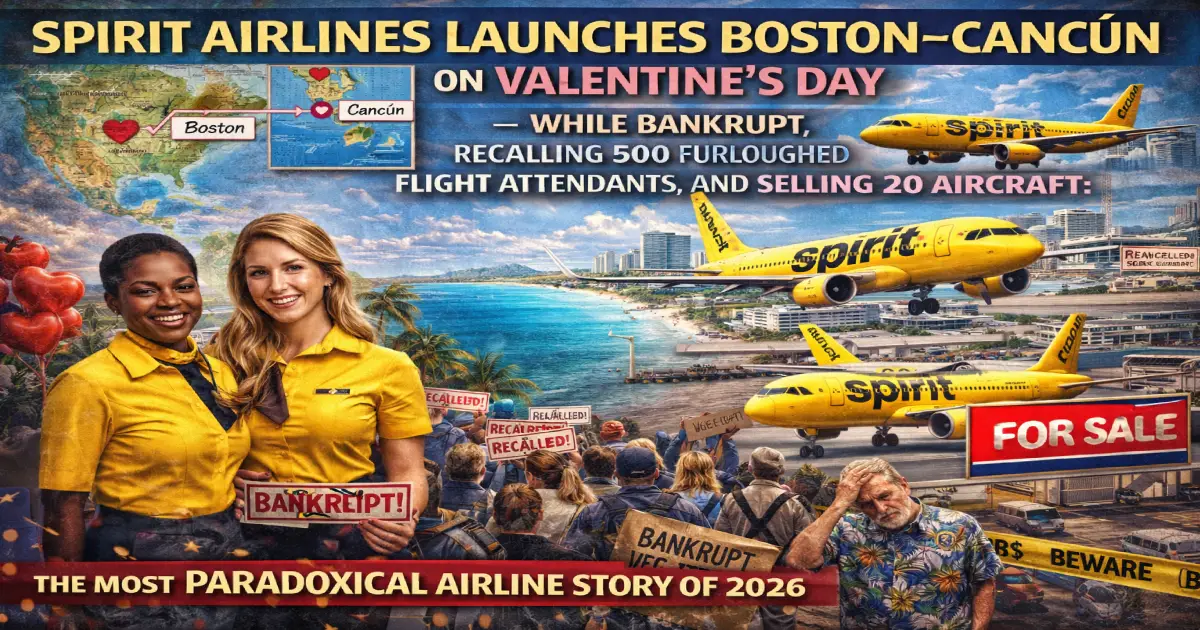Spirit Airlines Airbus A320 at Boston Logan International Airport February 14 2026 Valentine's Day inaugural Boston Cancun nonstop launch while Chapter 11 bankruptcy 500 flight attendants recalled 20 aircraft sold operational chaos