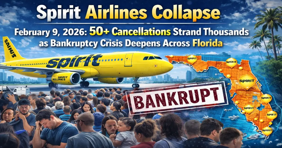 Spirit Airlines departure board showing mass cancellations February 9 2026 at Orlando and Fort Lauderdale airports with stranded passengers during bankruptcy crisis