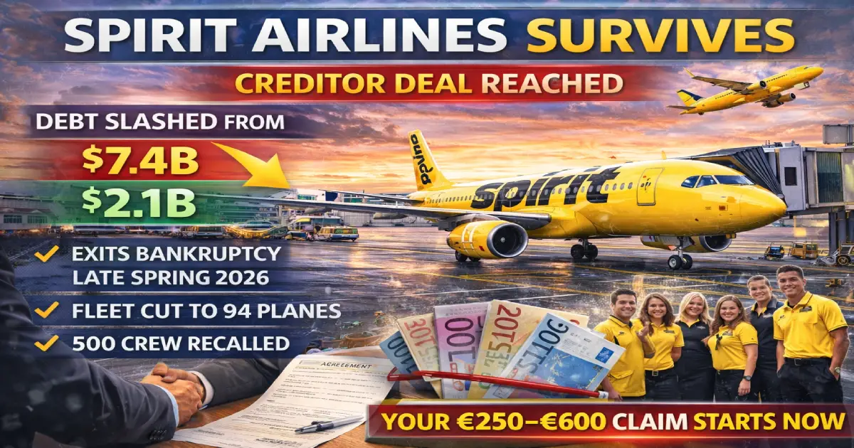 Airlines Airbus A320 at airport February 2026 — Spirit Airlines survives second bankruptcy with creditor deal to exit Chapter 11 late spring 2026 with fleet cut to 94 planes and 500 flight attendants recalled