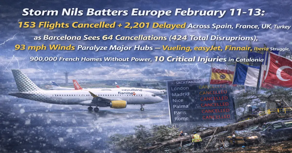 Storm Nils Europe February 11-13 2026 Barcelona Airport 64 flight cancellations 360 delays 93 mph winds Spain France UK Turkey Vueling easyJet chaos 2354 disruptions