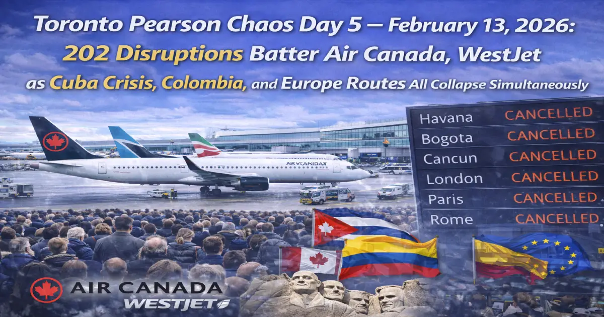 Toronto Pearson International Airport YYZ departure board Day 5 February 13 2026 showing 190 delays 12 cancellations Air Canada WestJet Cuba Colombia Europe routes disrupted amid ongoing winter chaos