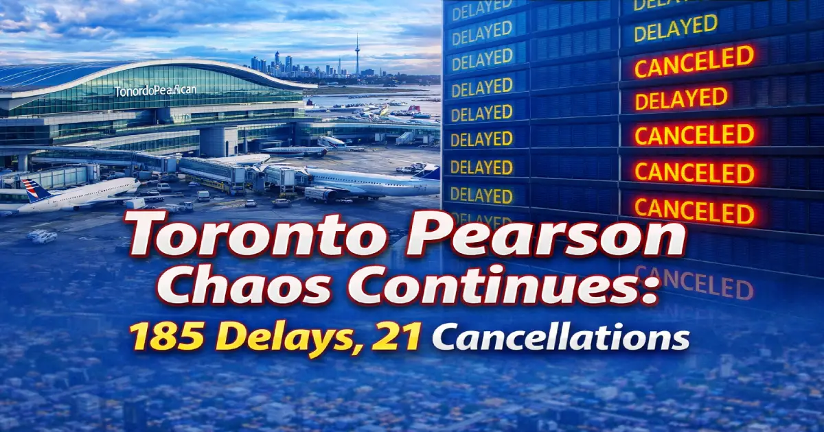 Toronto Pearson International Airport departure boards showing extensive delays and cancellations February 11 2026 with frustrated passengers waiting at gates as Air Canada WestJet Porter Airlines struggle with ongoing winter recovery operations