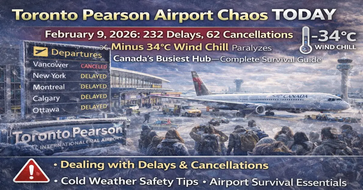Toronto Pearson International Airport crowded terminal with 232 delayed flights and 62 cancellations as minus 34°C wind chill creates extreme cold chaos affecting Air Canada and WestJet February 9, 2026