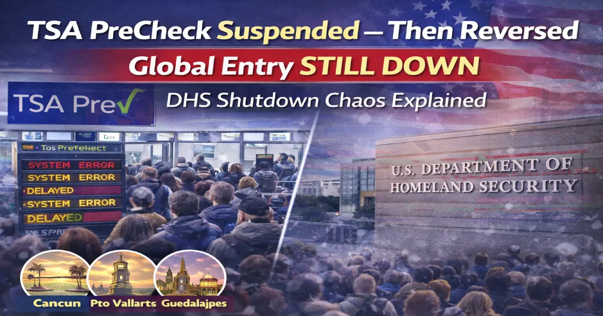 TSA PreCheck security lane at US airport with DHS shutdown notice February 2026 — PreCheck suspended then reversed, Global Entry still down