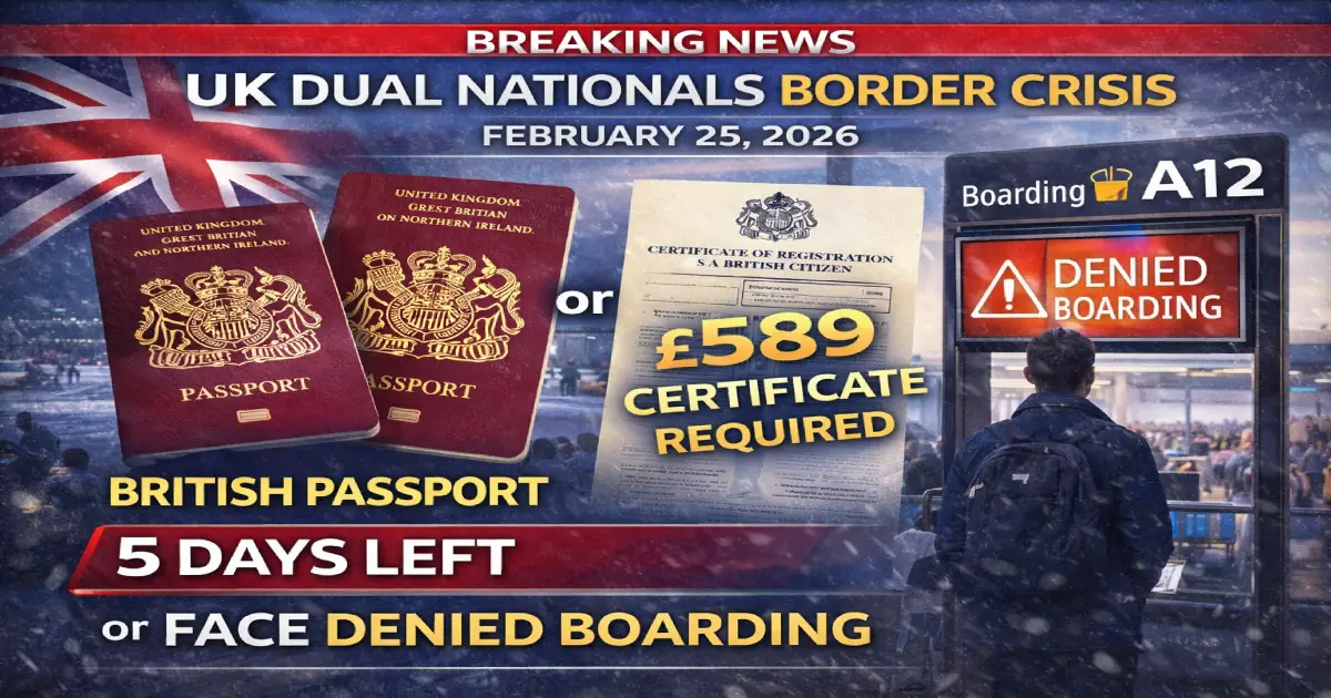 UK dual nationals border crisis February 25, 2026, Heathrow Airport British passport control, certificate of entitlement £589, denied boarding warning, 5 days deadline, Spain Greece EU travelers