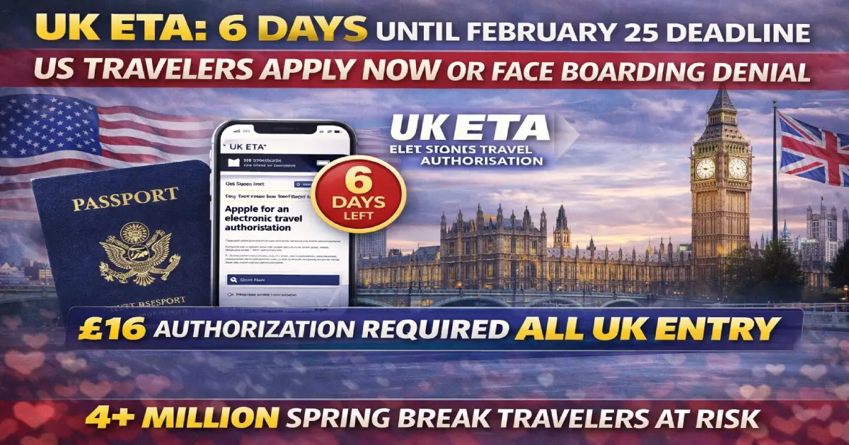 UK ETA mandatory 6 days countdown February 25 2026 deadline US travelers must apply now airlines deny boarding without authorization spring break 4 million travelers at risk Eurostar ferries enforcing final warning
