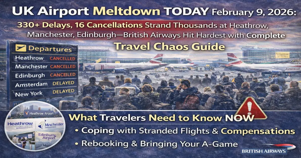 London Heathrow Airport Terminal 5 crowded with stranded passengers during 330+ flight delays and 16 cancellations affecting UK airports including Manchester, Edinburgh, Birmingham on February 9, 2026