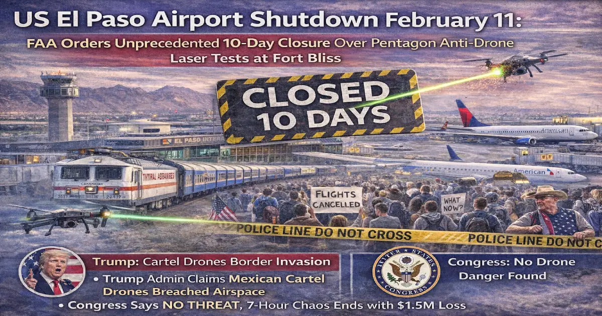 US El Paso Airport shutdown February 11 2026 FAA closure Pentagon anti-drone laser Fort Bliss Mexican cartel drones Trump administration 14 flights cancelled passengers stranded