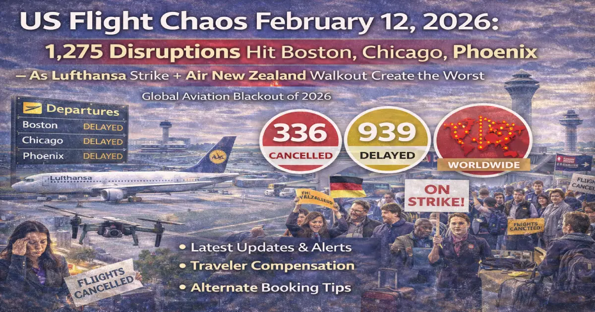 US airport departure board February 12 2026 showing 1275 flight disruptions 50 cancellations 1225 delays Boston Logan Chicago O'Hare Phoenix Sky Harbor amid Lufthansa strike global aviation chaos
