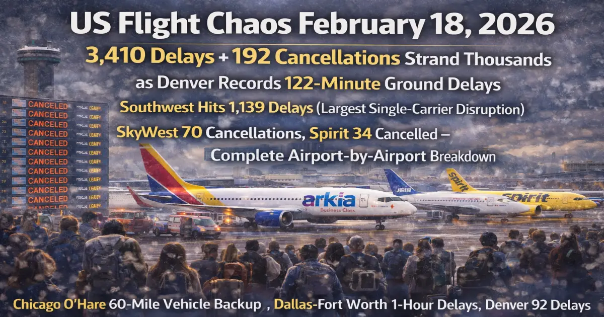 Denver International Airport departure board February 18 2026 showing 804 delays 52 cancellations high winds Southwest Airlines 1139 delays SkyWest 387 delays Spirit Airlines 34 cancellations Chicago Miami Orlando New York Los Angeles chaos