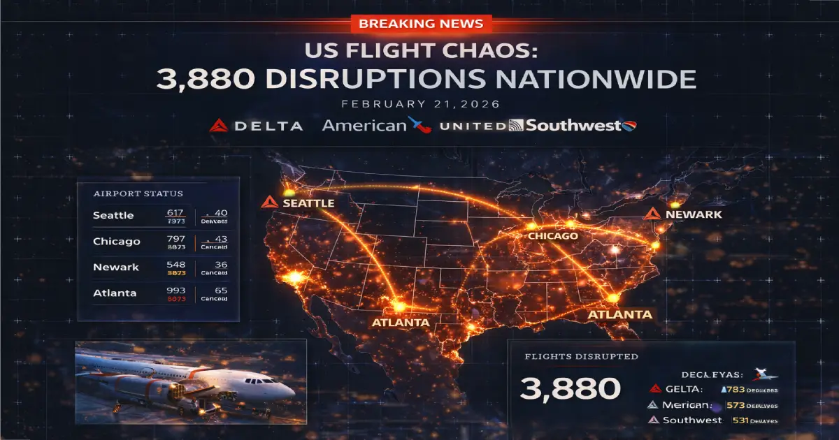 US flight chaos February 21 2026 - 134 cancellations and 3,746 delays hit Atlanta, Chicago, Newark, Miami, Seattle as Delta, American, United, Southwest paralyzed nationwide
