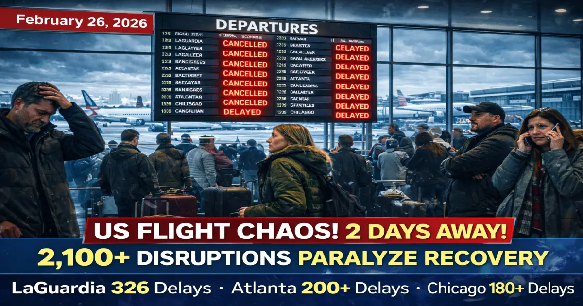 US flight chaos February 26 2026 nationwide 2100 disruptions LaGuardia 326 delays Atlanta 200 delays Chicago 180 delays American Delta United Republic Airways regional carrier Northeast blizzard recovery Day 4