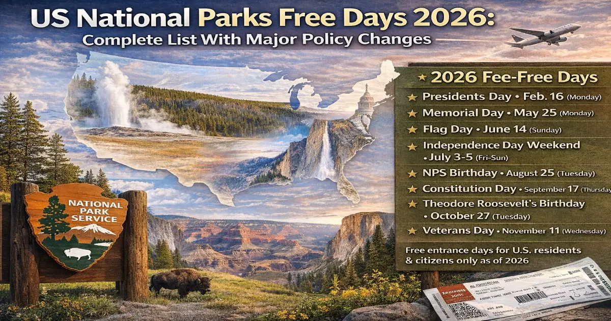 US national parks free days 2026 showing Yellowstone Old Faithful with American visitors under new citizens-only policy for 10 fee-free admission dates