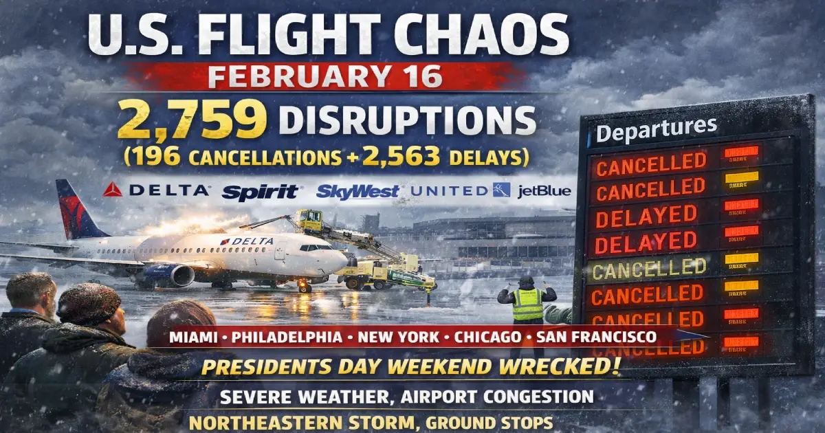 US nationwide flight chaos February 16 2026 Presidents Day weekend 2759 disruptions 196 cancellations 2563 delays Delta Spirit SkyWest United JetBlue Miami Philadelphia New York Chicago San Francisco northeastern storm