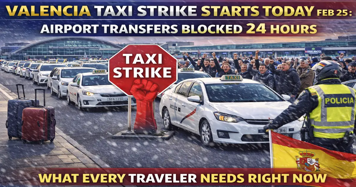 Empty taxi rank at Valencia Airport VLC during taxi strike February 25 2026 — Metrovalencia and Cabify as alternative transport options