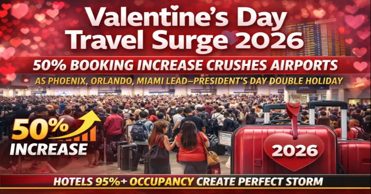 Valentine's Day travel surge 2026 airports crowded with couples 50 percent booking increase Phoenix Orlando Miami NYC Vegas Punta Cana Paris hotels 95 percent occupancy Presidents Day double holiday chaos