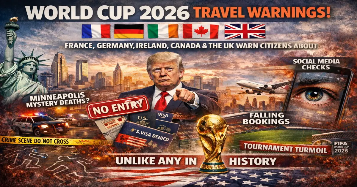 FIFA World Cup 2026 host cities US map showing travel advisories issued by France Germany Ireland Canada UK warning citizens about Minneapolis ICE protests Trump travel ban 39 countries fans blocked international bookings declining