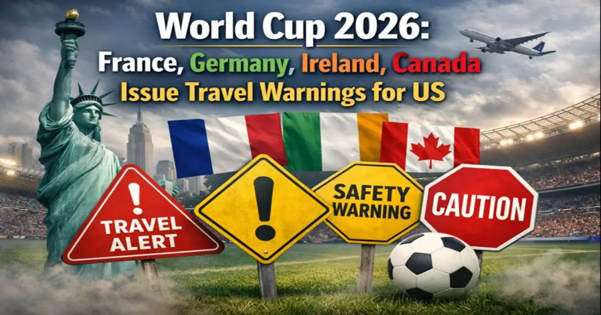 World Cup 2026 FIFA logo with France Germany Ireland Canada flags overlaid on Minneapolis US Bank Stadium and protest scenes showing international travel advisory warnings for United States ahead of tournament