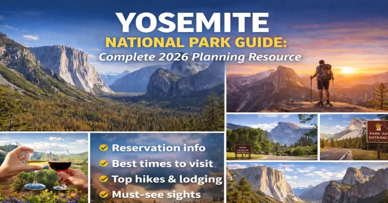 Yosemite National Park complete guide showing Half Dome, Yosemite Falls, El Capitan granite cliffs and valley meadows across different seasons