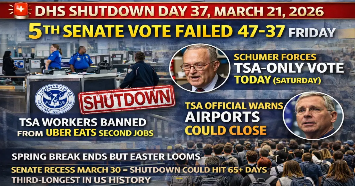 DHS Shutdown Day 37: 5th Vote Fails, TSA Vote TODAY Saturday