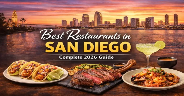 A sun-drenched outdoor patio in San Diego's Little Italy, featuring a spread of fresh seafood and modern Californian cuisine, representing the city's top-rated dining scene.