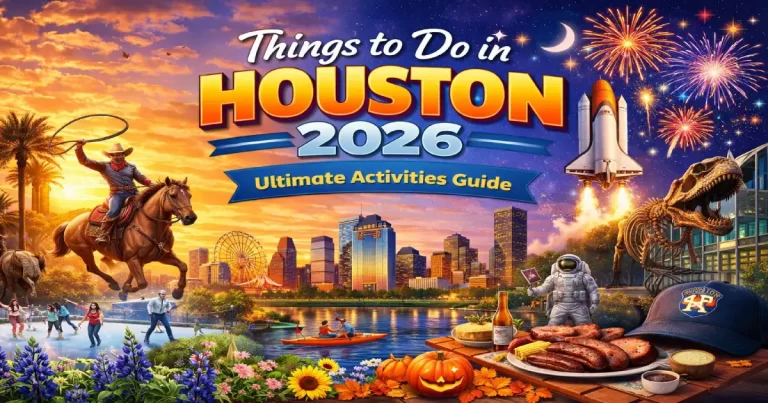 Things to do in Houston 2026 showing Space Center Houston Saturn V rocket, Menil Collection gallery, Buffalo Bayou kayaking and Houston Rodeo crowds