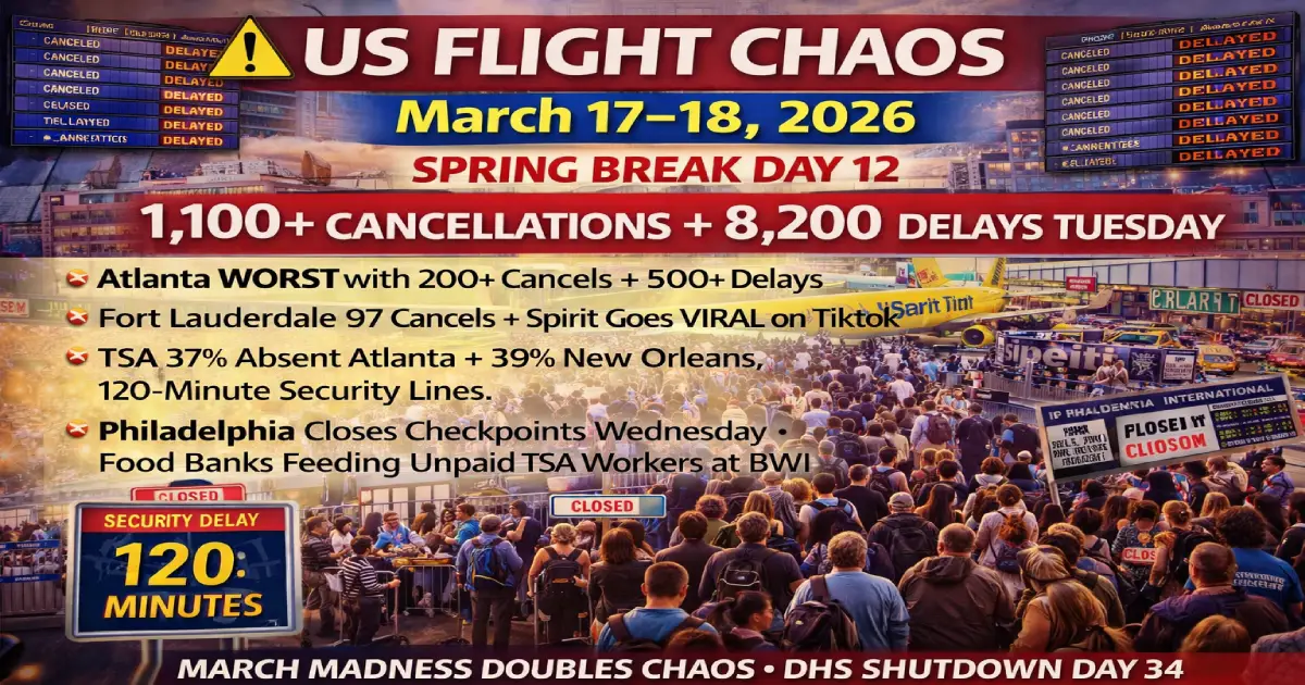 US flight chaos March 17-18 2026 Spring Break Day 12 — 1,100 cancellations and 8,200 delays strand thousands as Atlanta Hartsfield-Jackson records 200-plus cancellations and 500-plus delays as the nation's worst airport, Fort Lauderdale records 97 cancellations with Spirit Airlines chaos going viral on TikTok, TSA absenteeism hits 37 percent in Atlanta and 39 percent in New Orleans with 120-minute security wait times, Philadelphia International announces additional checkpoint closures from Wednesday, food banks feed unpaid TSA workers at BWI, and March Madness tourism doubles demand on top of Spring Break