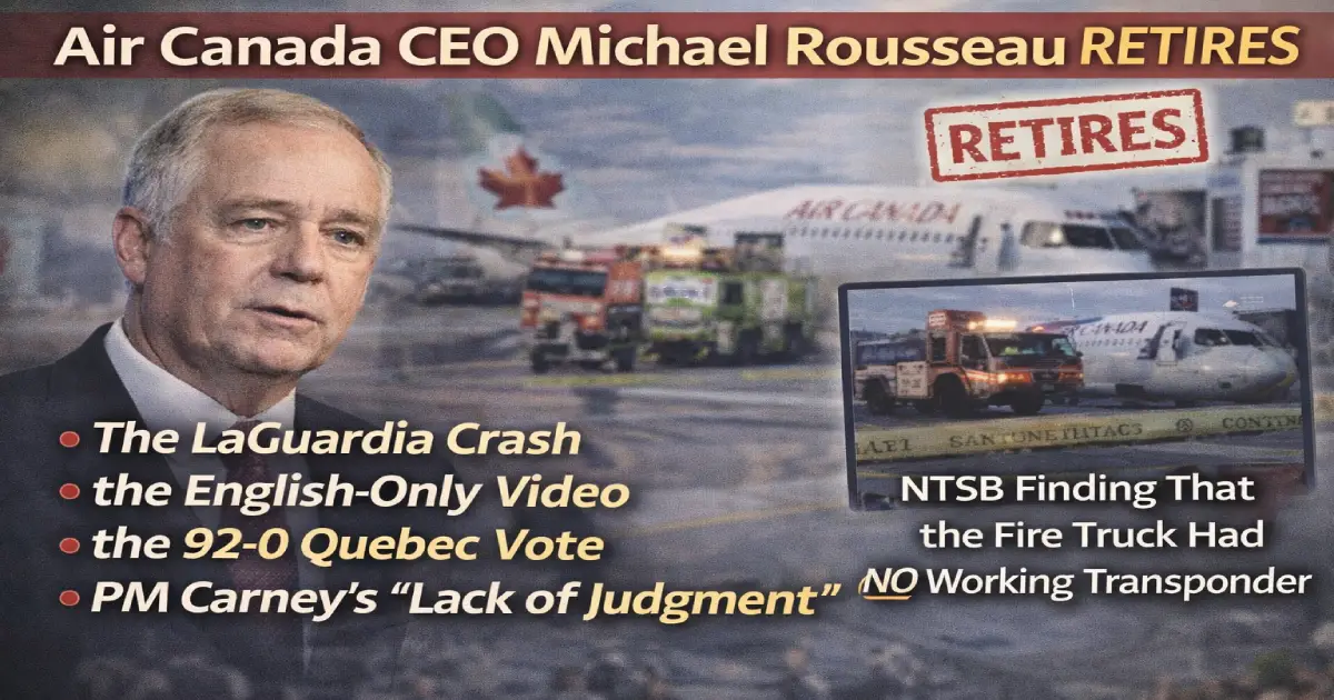air-canada-ceo-michael-rousseau-retires-march-30-2026-laguardia-crash-english-only-video-92-0-quebec-vote-carney-lack-of-judgment-ntsb-no-transponder-bilingual-successor