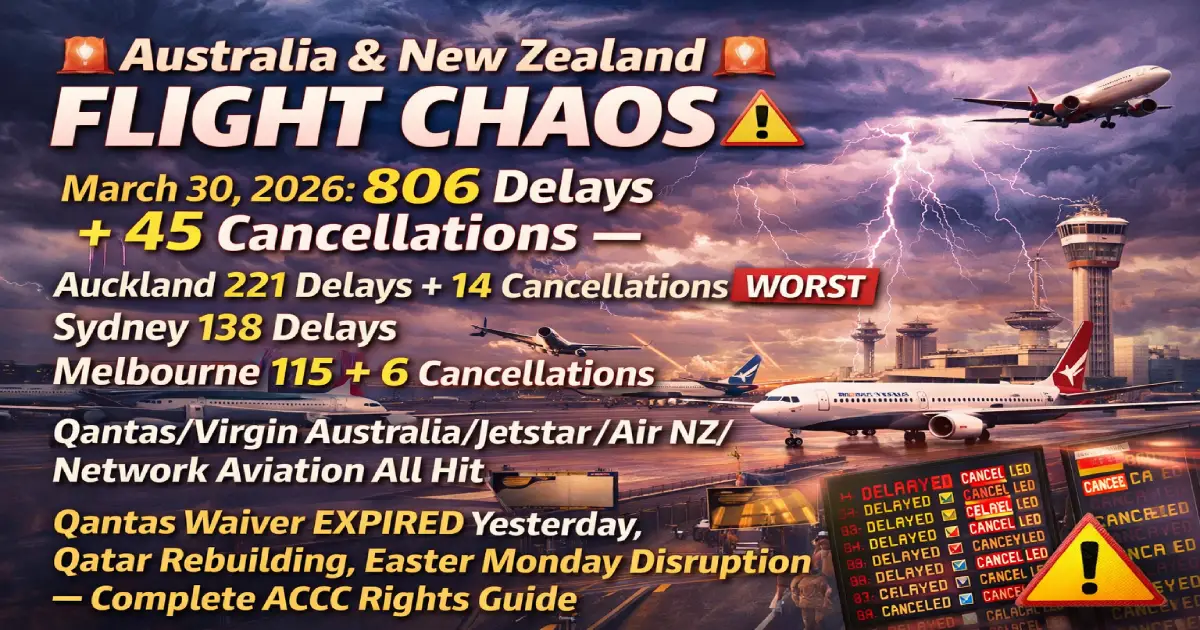 Australia and New Zealand flight chaos March 30 2026 Easter Monday — a staggering 806 flight delays and 45 full cancellations have been recorded across the trans-Tasman region leaving hundreds of passengers stranded at Melbourne Sydney Brisbane Auckland Wellington and additional hubs, Auckland Airport is the hardest hit recording 14 cancellations and 221 delayed flights making it the worst performing gateway in the region today with Air New Zealand accounting for the majority of the Auckland disruptions, Sydney records 138 delays and 2 cancellations, Melbourne posts 115 delays and 6 cancellations with Qantas and Virgin Australia the primary contributors, Qantas nationally is the worst carrier with 201 delays and 6 cancellations, Virgin Australia posts 164 delays, Jetstar records 140 delays and 4 cancellations, Air New Zealand posts 82 delays and 12 cancellations, Network Aviation and QantasLink also hit, the Qantas Middle East waiver expired yesterday on March 31 meaning no more free rebooking under that provision, Qatar Airways is rebuilding toward 41 plus departing flights from Doha, and Easter Monday travel combined with post-holiday return volumes is amplifying the disruption