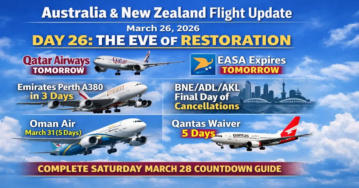 Australia and New Zealand flight update March 26 2026 Day 26 the eve of restoration — today is the final day of Brisbane Adelaide and Auckland's 26 consecutive days of 100 percent Qatar Airways cancellations as the airline's confirmed full restart takes place tomorrow Saturday March 28, the EASA Conflict Zone Information Bulletin that has governed all European carrier Gulf route decisions since February 28 expires today Friday March 27 triggering the insurance reinstatement that makes all March 28 carrier restarts possible, Emirates will deploy its iconic A380 superjumbo to Perth in just 3 days on Sunday March 29, Oman Air's 10-destination suspension ends in 5 days on March 31 restoring its Dubai Doha Bahrain Kuwait Amman Copenhagen Dammam Khasab and Baghdad services, the Qantas Middle East waiver has 5 days remaining before its March 31 expiry, and Virgin Australia code-share flights through Qatar resume simultaneously with the Qatar restart on Saturday