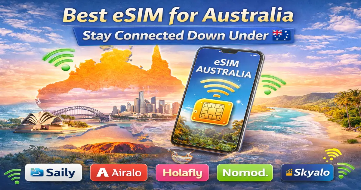 Traveler using smartphone with eSIM for instant connectivity in Australia showing Sydney Opera House in background