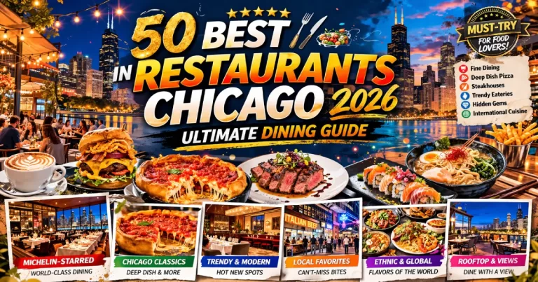 Best restaurants in Chicago 2026 showing Alinea fine dining, Lou Malnati's deep-dish pizza, Italian beef sandwich, Publican oyster bar and diverse Chicago dining