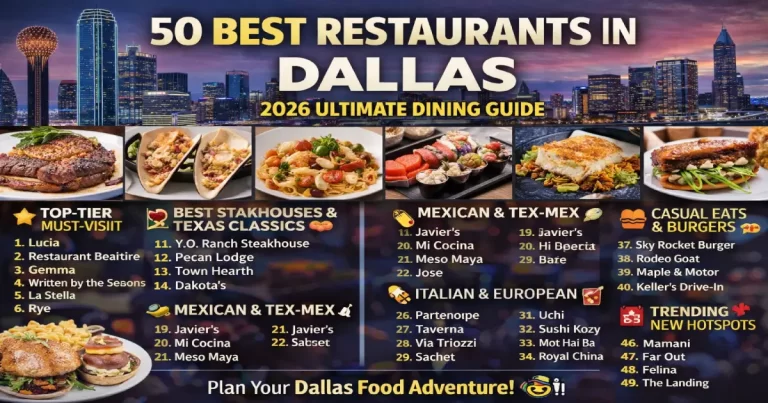 Best restaurants in Dallas 2026 showing Pecan Lodge BBQ beef rib Deep Ellum, Lucia Italian Bishop Arts, upscale taco al pastor and Dallas Arts District fine dining