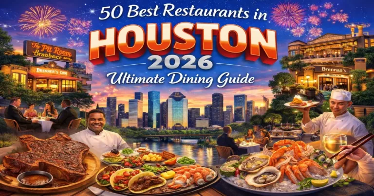 Best restaurants in Houston 2026 showing James Beard fine dining, Tex-Mex at Original Ninfa's, Vietnamese crawfish boil, Chinatown dim sum and Montrose dining