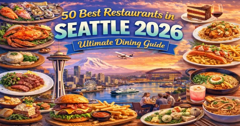 Best restaurants in Seattle 2026 showing James Beard fine dining, Pike Place Market seafood, Capitol Hill pasta, Ballard oyster bar and vibrant food scene