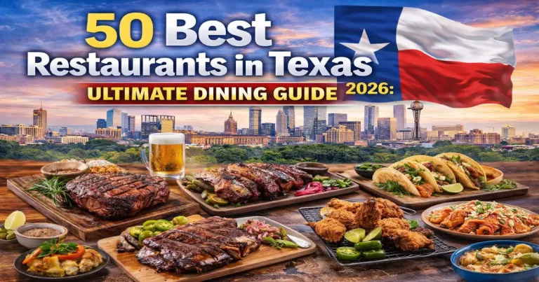 Best restaurants in Texas 2026 showing Franklin BBQ brisket on butcher paper, Tex-Mex at Mi Tierra San Antonio, Gulf Coast seafood and Austin fine dining