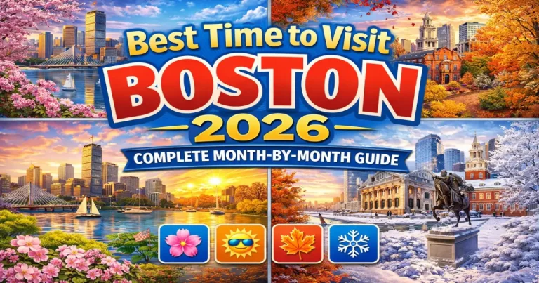 Best time to visit Boston 2026 showing fall foliage on Commonwealth Avenue, spring Boston Marathon crowds, summer harbor whale watching and winter Fenway snow