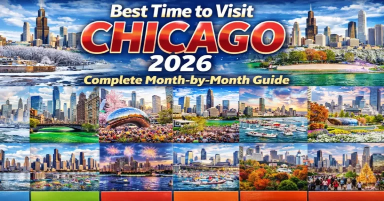 Best time to visit Chicago 2026 showing summer Millennium Park with Cloud Gate, fall lakefront colors, spring architecture boat tour and winter skyline snow