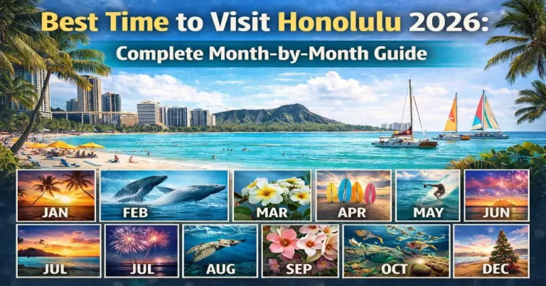 Best time to visit Honolulu 2026 showing Waikiki Beach summer sunset, Diamond Head crater hike, North Shore winter surf and Ala Moana shopping center